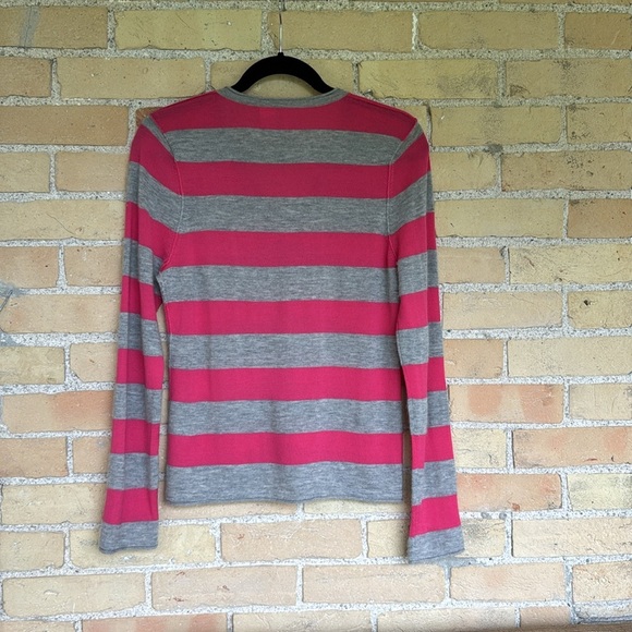 Three Dots Pink and Gray Striped Cashmere  V-Neck Sweater - Picture 3 of 3